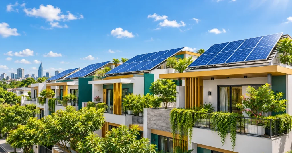 Dãy nhà phố có tấm pin mặt trời trên mái dưới trời nắng, minh họa sản lượng 1 kWp điện mặt trời (ảnh minh họa)