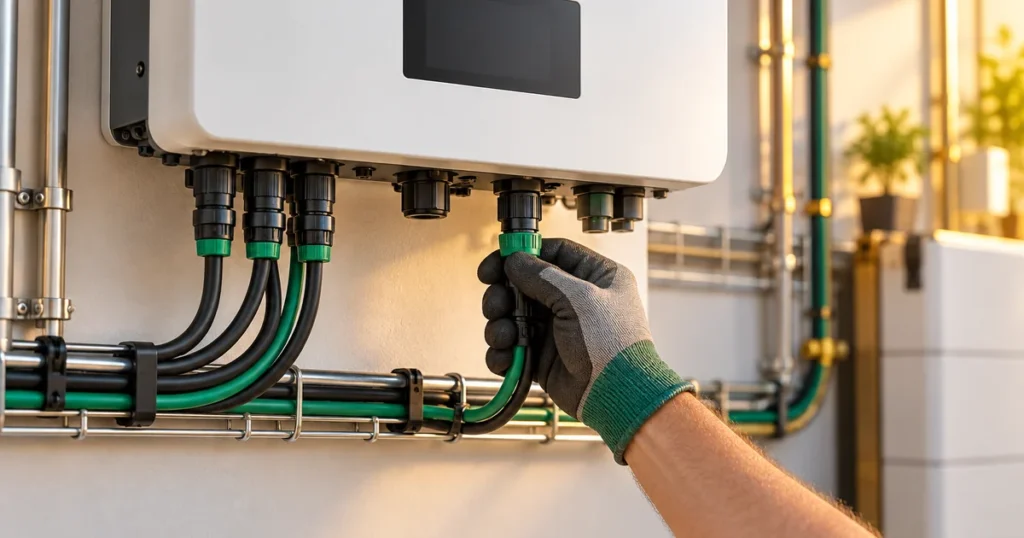 Kỹ thuật viên siết đầu nối cáp DC dưới biến tần hybrid treo tường