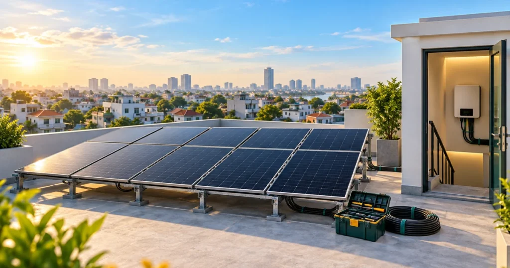 Thợ lắp tấm pin mặt trời trên mái nhà phố, hệ khoảng 5 kWp (ảnh minh họa)