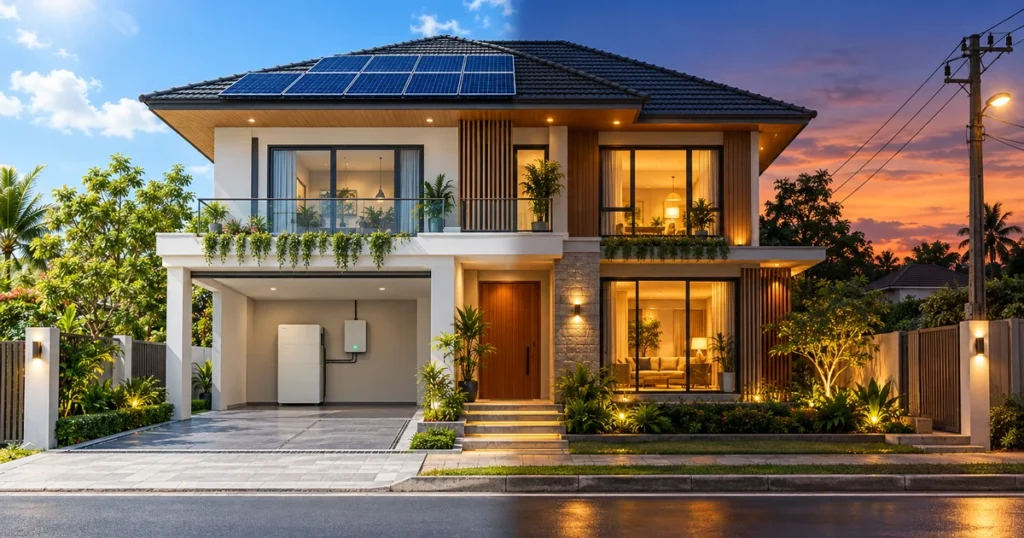 Ngôi nhà có điện mặt trời hybrid: ban ngày tấm pin phát điện, buổi tối dùng điện từ pin lưu trữ