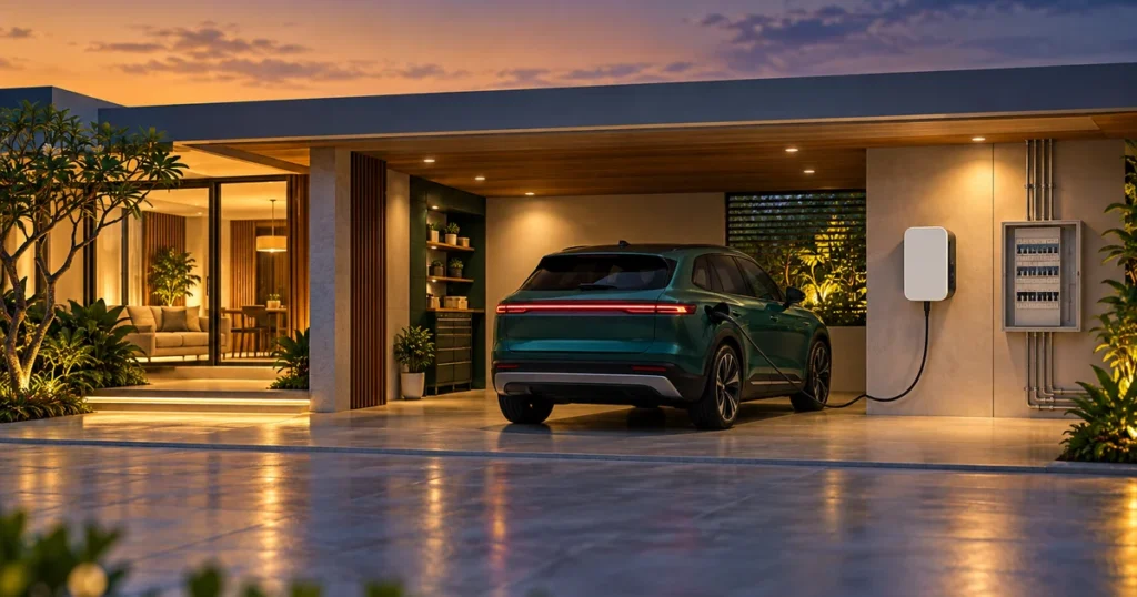 Ô tô điện cắm sạc treo tường trong garage cạnh tủ điện gia đình (ảnh minh họa)