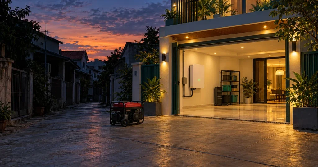 Nhà phố còn sáng đèn nhờ pin lưu trữ khi cả khu mất điện, máy phát điện đặt ngoài sân (ảnh minh họa)