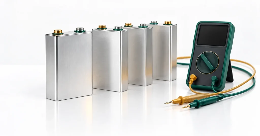 Các cell pin LiFePO4 dạng lăng trụ đặt cạnh đồng hồ đo điện (ảnh minh họa)