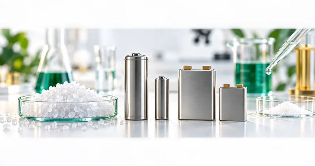 Cell pin và đĩa tinh thể muối trên bàn thí nghiệm minh họa pin natri-ion (ảnh minh họa)